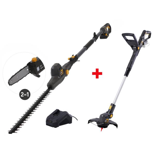 20V-pakke: Græstrimmer og stanghækkeklipper og -kædesav