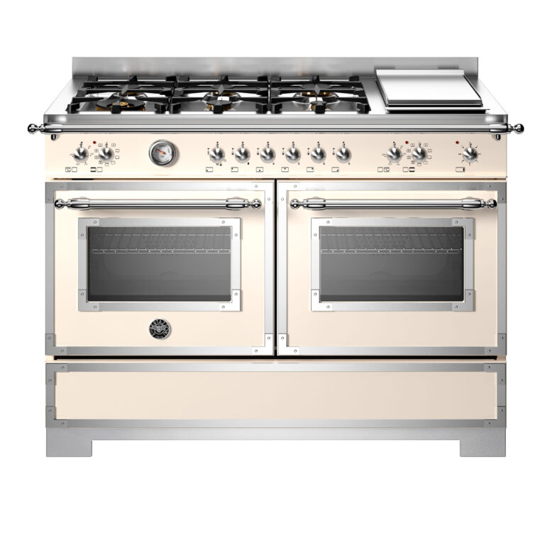 Bertazzoni HER126G2EAVT2 Heritage gaskomfur 120 cm med 6 brændere, elektrisk stegebord og 2 ovne, elfenbenshvid
