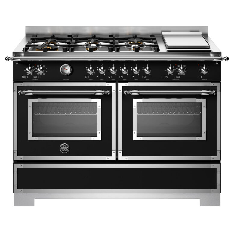 Bertazzoni HER126G2ENET2 Heritage gaskomfur 120 cm med 6 brændere, elektrisk stegebord og 2 ovne, mat sort