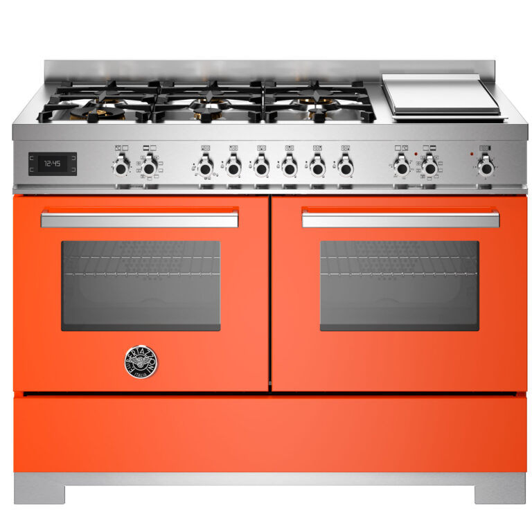 Bertazzoni PRO126G2EART2 Professional gaskomfur 120 cm med 6 brændere, elektrisk stegebord og 2 ovne, orange