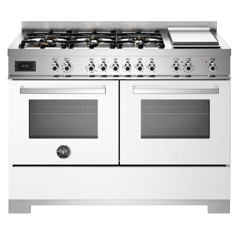 Bertazzoni PRO126G2EBIT2 Professional gaskomfur 120 cm med 6 brændere, elektrisk stegebord og 2 ovne, hvid