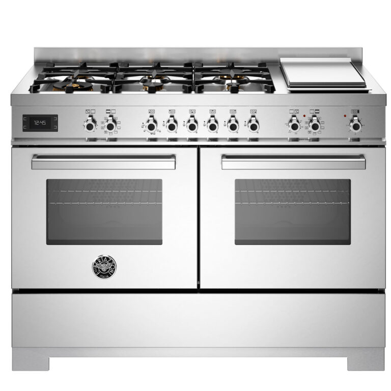 Bertazzoni PRO126G2EXT2 Professional gaskomfur 120 cm med 6 brændere, elektrisk stegebord og 2 ovne, rustfrit stål